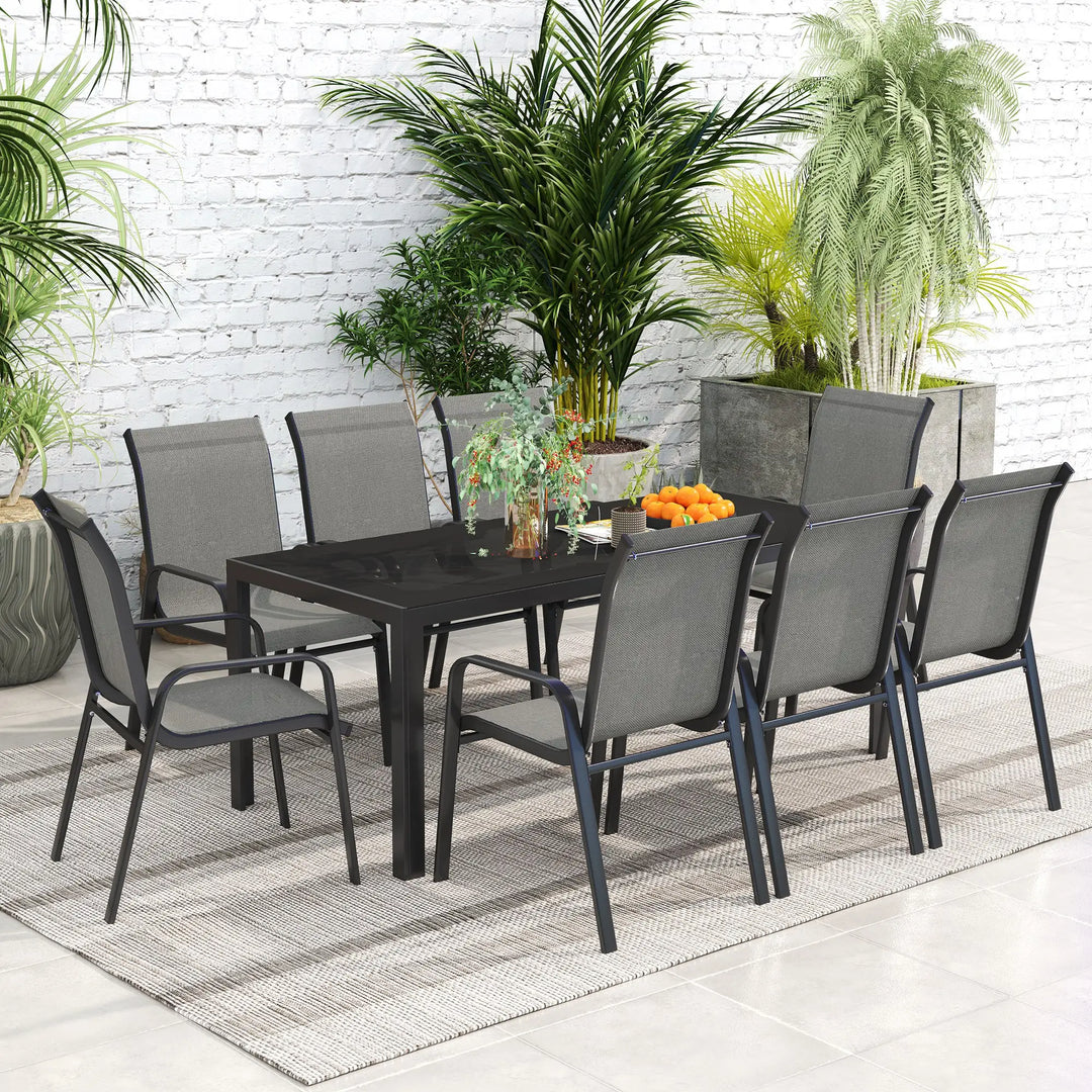 9pc 8-Seat Steel Outdoor Dining Set w Glass Tabletop, 8 Stackable Chairs, Garden Patio, Black, Grey