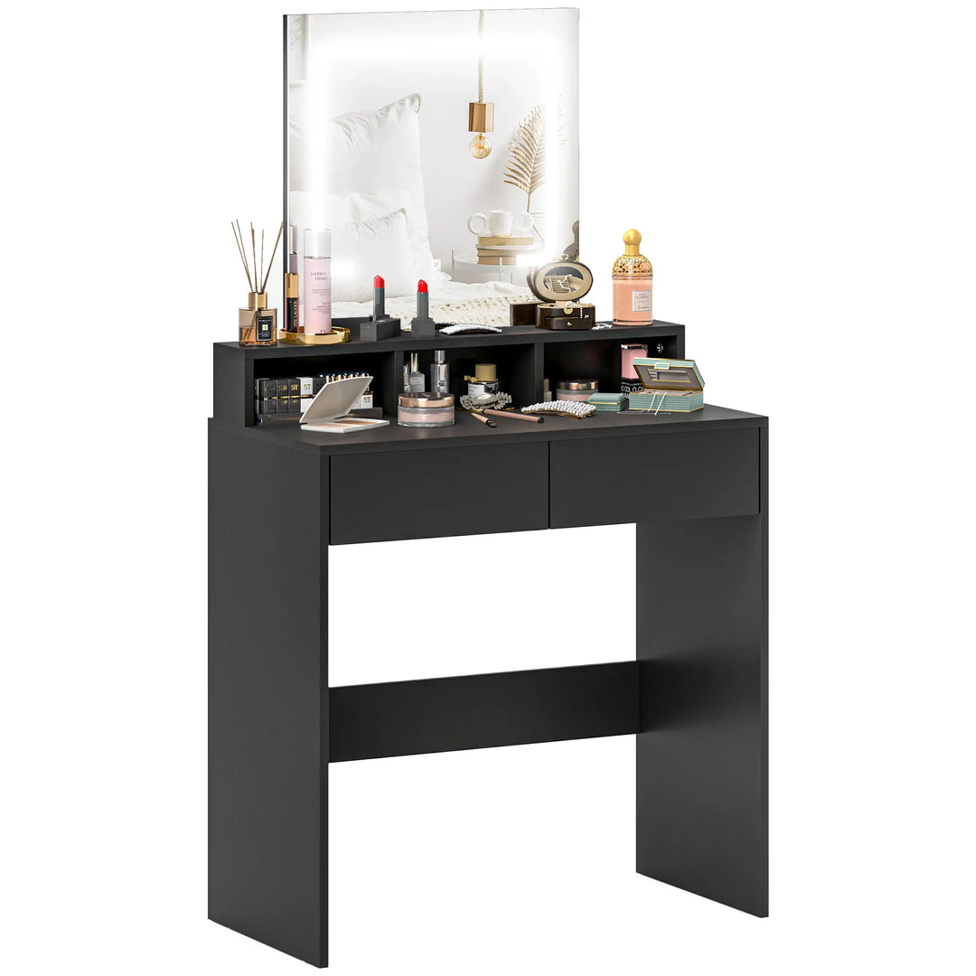 Compact Illuminated Vanity Makeup Dressing Bedroom Table w Square LED Mirror, Drawers, Black
