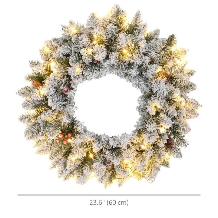 24” Prelit Snow Flocked Artificial Christmas Holiday Wreath w Lights, Berries Pine Cones, Green