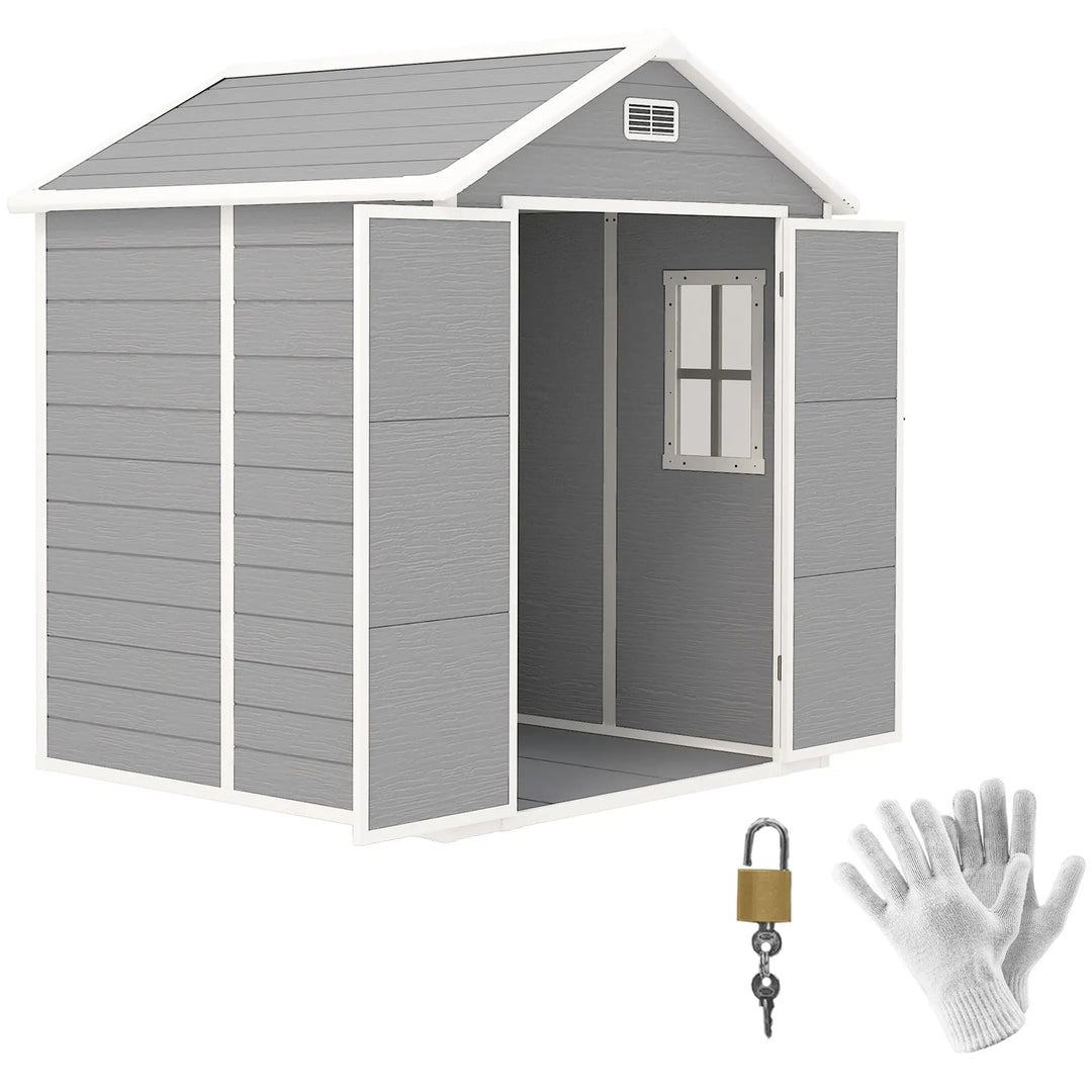 6' x 5' Resin PP Plastic Aluminum Outdoor Tool Storage Garden Shed w 2 Swing Doors, 1 Window, Grey