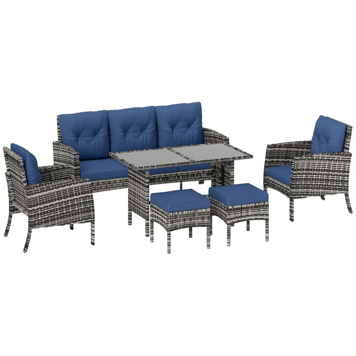 6pc PE Rattan Wicker Outdoor Dining Table Patio Sofa Furniture Set w Cushions, Ottomans, Blue, Grey