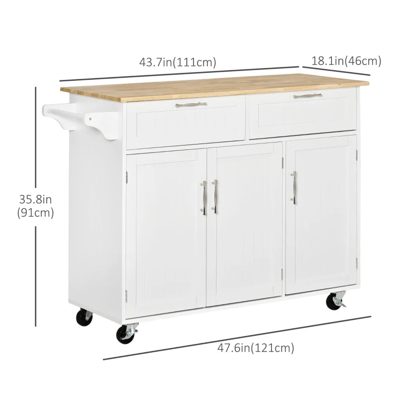 Modern Rolling Kitchen Island Storage Cart Cabinet Sideboard w Drawers, Natural Wood Top, White