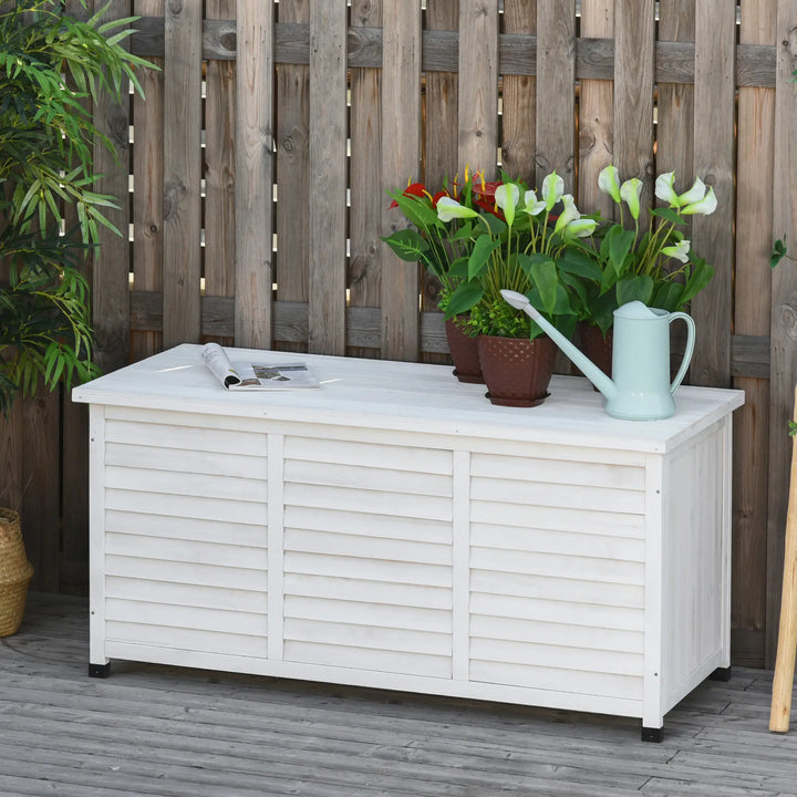 50" 75 Gal Fir Wood Deck Box Storage Bin Container for Cushions Tools Outdoor Patio, White Stain