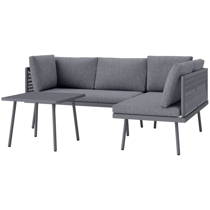 3pc, 4-Seat Steel Wicker L-Shape Sectional Conversation Love Seat Outdoor Patio Set w Table, Grey