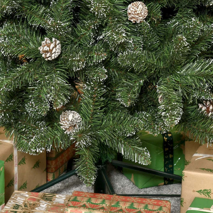 7.5ft 1119-Tip Unlit Slim Artificial Christmas Holiday Tree w Pine Cones, Snowy Tips Xmas Green