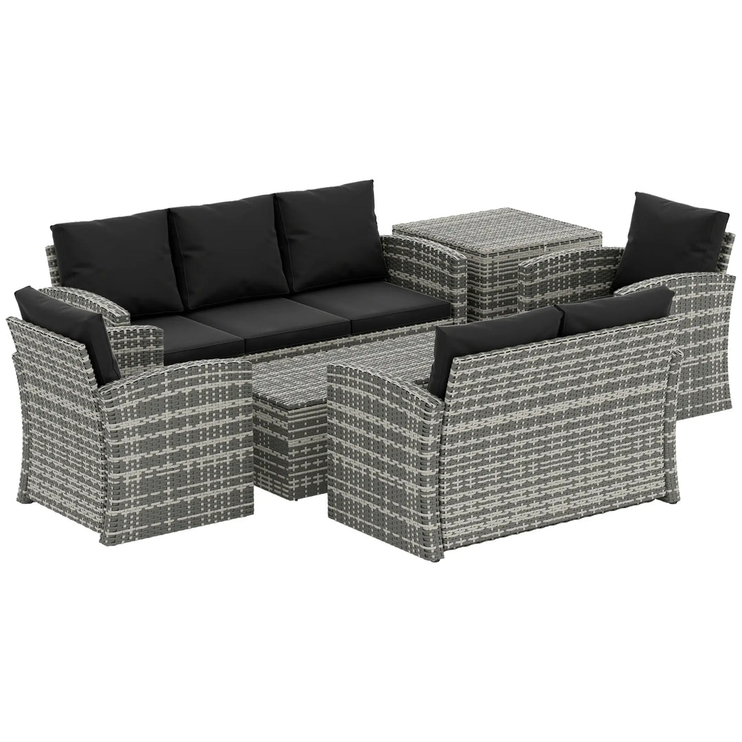 6pc 7-Seat Premium PE Rattan Wicker Conversation Outdoor Patio Set, Cushions & Storage, Grey, Black