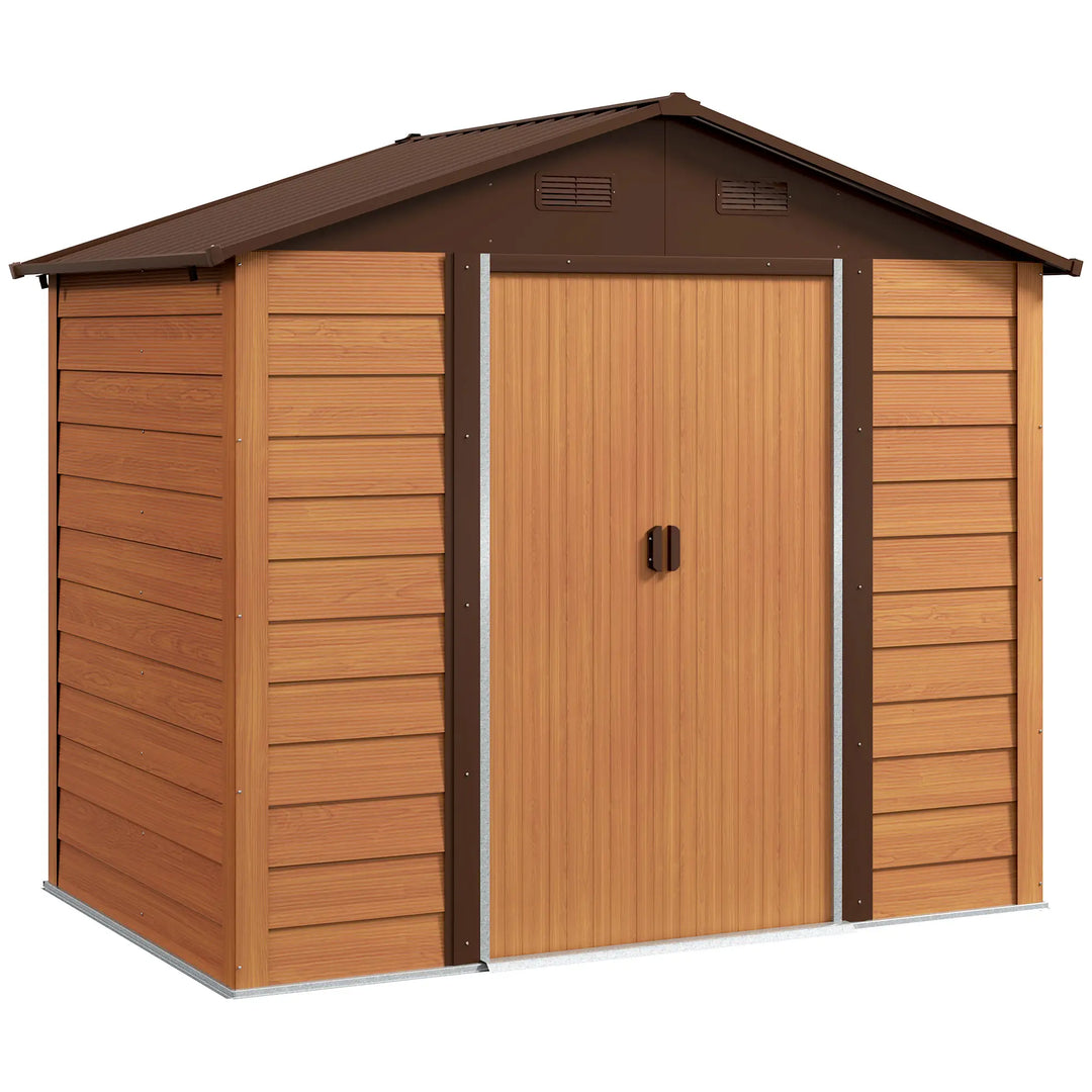 7.7' x 6.4' x 6.8'  Galv Steel Outdoor Storage Shed Garden Tool Organizer, Stained Woodgrain Brown
