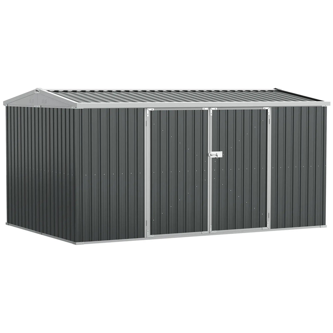 14' x 8' Large Galv Steel Outdoor Tool Bike Storage Shed w Double Swing Doors, Patio Garden, Grey