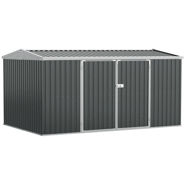 14' x 8' Large Galv Steel Outdoor Tool Bike Storage Shed w Double Swing Doors, Patio Garden, Grey