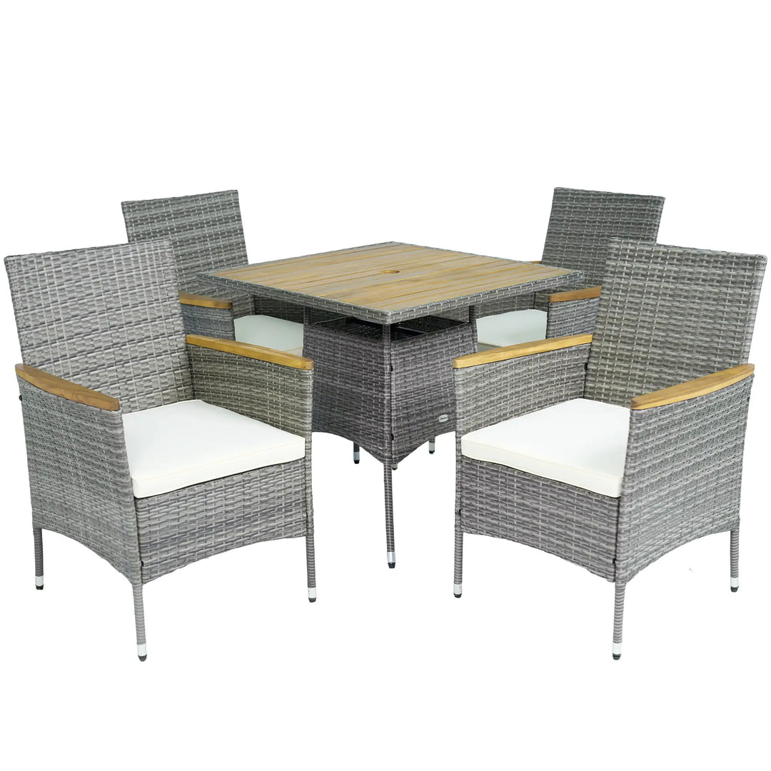 5pc Square PE Rattan Wicker Outdoor Dining Table Patio Set w 4 Chairs, Wood Top, Parasol Hole, Grey