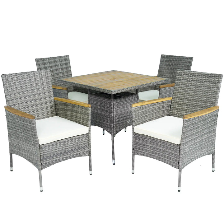 5pc Square PE Rattan Wicker Outdoor Dining Table Patio Set w 4 Chairs, Wood Top, Parasol Hole, Grey