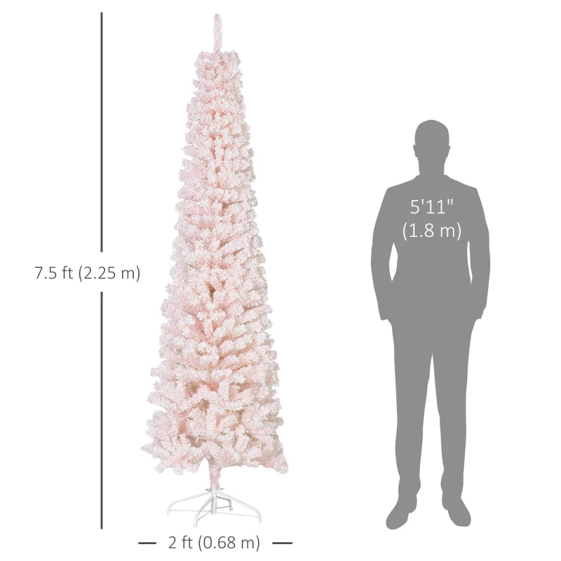 7.5ft 738-Tip Unlit Snow Flocked Slim Artificial Pencil Christmas Holiday Fake Xmas Tree, Pink