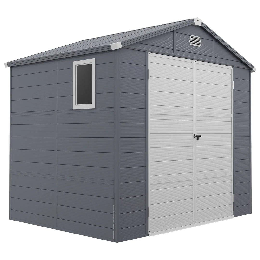 8' x 6' PP Plastic Resin & Aluminum Outdoor Tool Bike Storage Shed, Swing Doors, Patio Garden, Grey