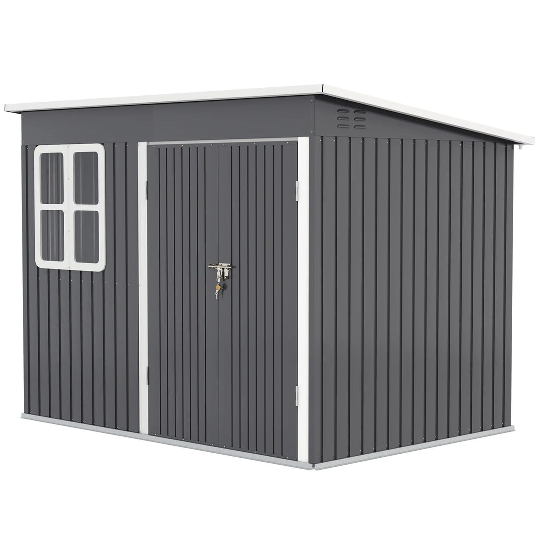 8.5' x 6' Galv Steel Metal Outdoor Storage Shed Garden Organizer w Swing Doors, Window - Dark Grey