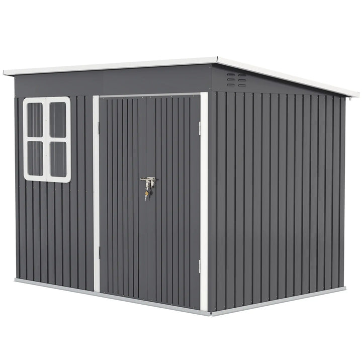 8.5' x 6' Galv Steel Metal Outdoor Storage Shed Garden Organizer w Swing Doors, Window - Dark Grey