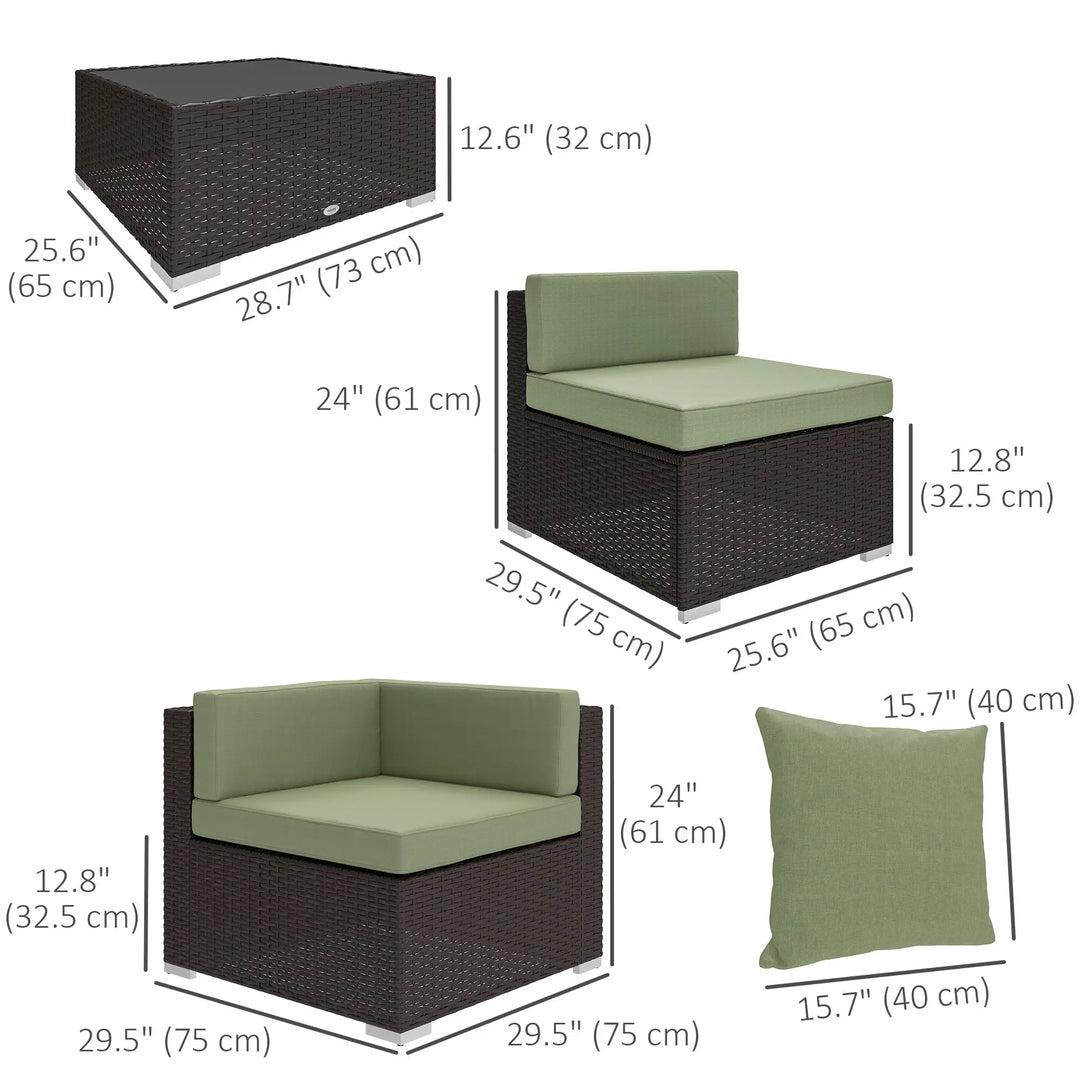 7pc 6-Seat Rattan Wicker Sectional Conversation Set w Cushions Outdoor Patio, Dk Brown, Light Green