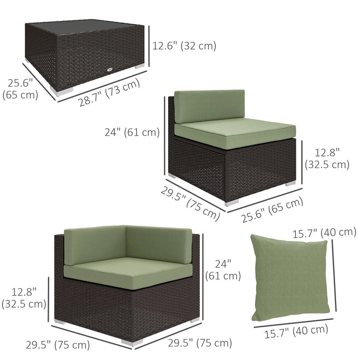 7pc 6-Seat Rattan Wicker Sectional Conversation Set w Cushions Outdoor Patio, Dk Brown, Light Green