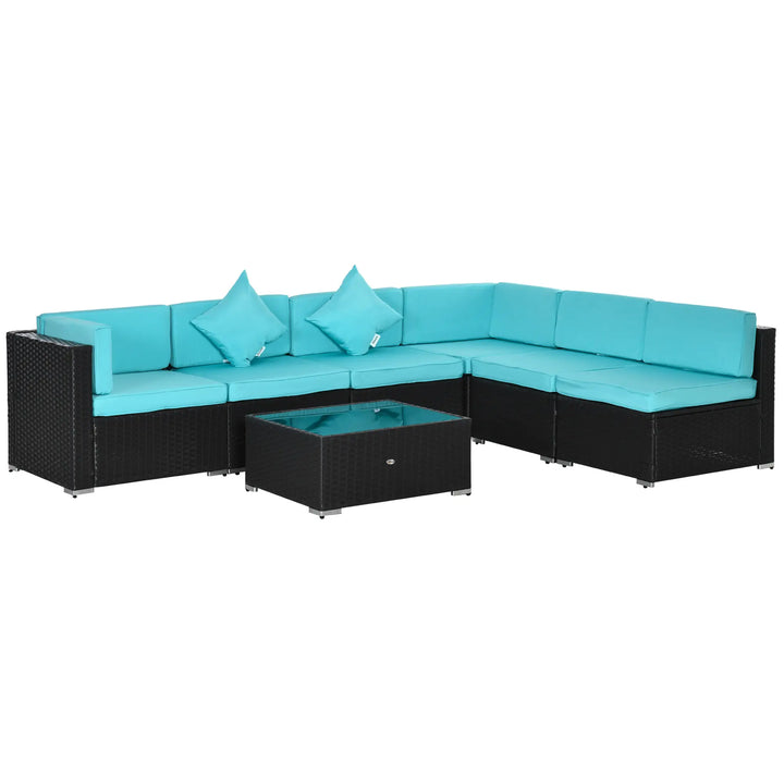 7pc Rattan Wicker Sectional Conversation Furniture Set w Cushions, Outdoor Patio, Aqua Blue, Brown