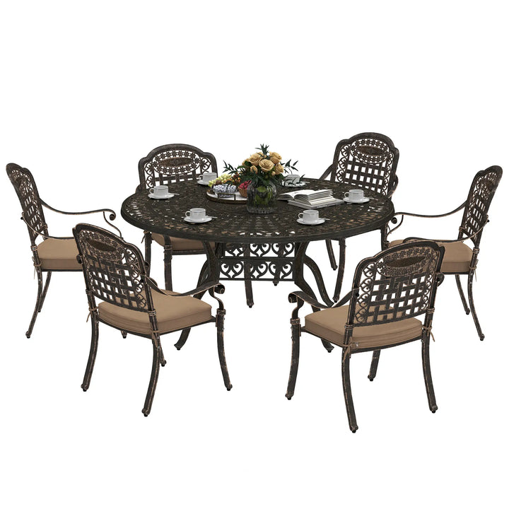 7pc Cast Aluminum Round Dining Table Set w 6 Chairs, Cushions, Outdoor Patio, Bronze Brown, Beige