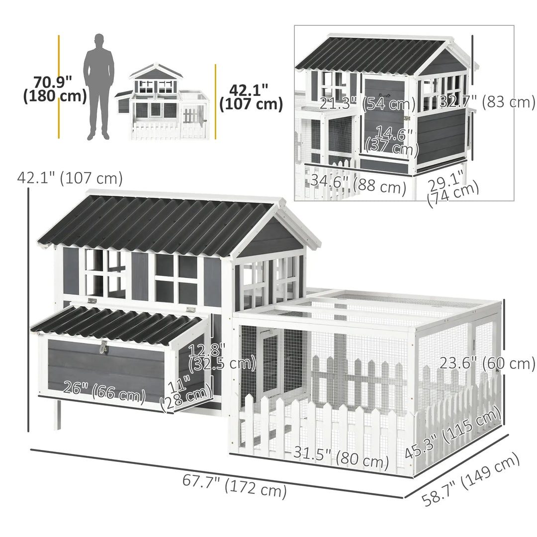 Deluxe Wooden Chicken Coop Hen House w Windows, Ramp, Nesting Box, Fence for Rabbit, Ducks, Grey