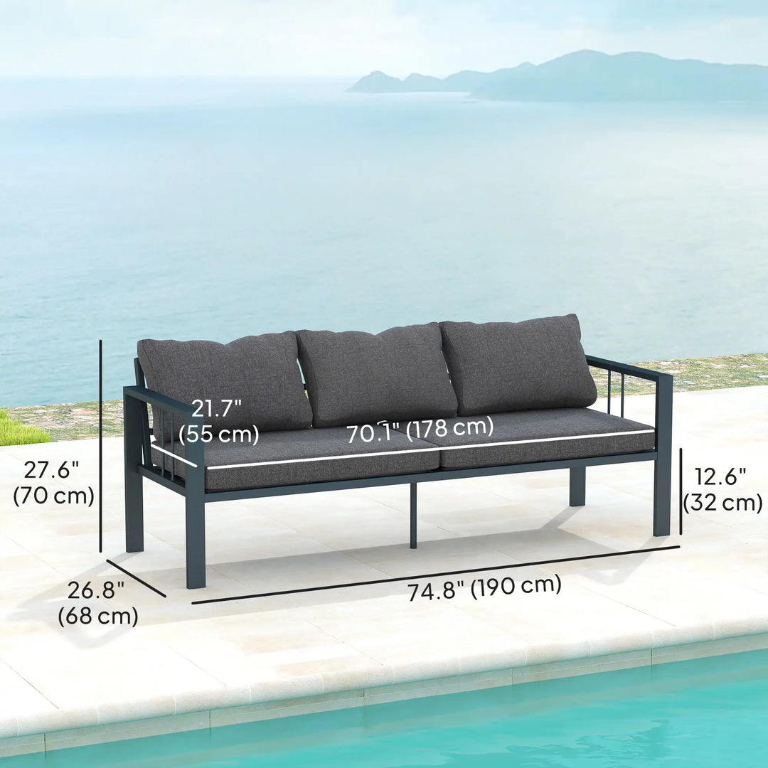 3-Seat Aluminum Conversation Sofa Couch w Cushions, Armrests for Balcony Deck Outdoor Patio, Grey