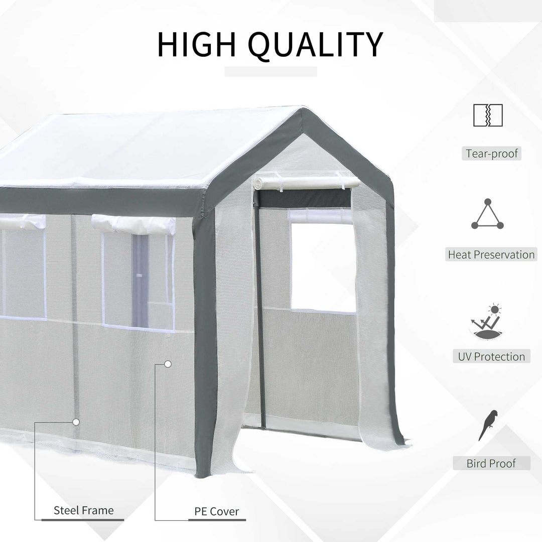 8' x 6' x 7.4' Walk-in Greenhouse w 2 Roll Up Doors Windows, Outdoor Garden Plants, White, Grey