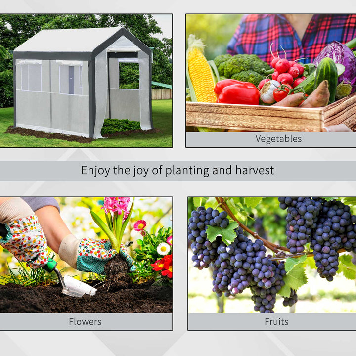 8' x 6' x 7.4' Walk-in Greenhouse w 2 Roll Up Doors Windows, Outdoor Garden Plants, White, Grey
