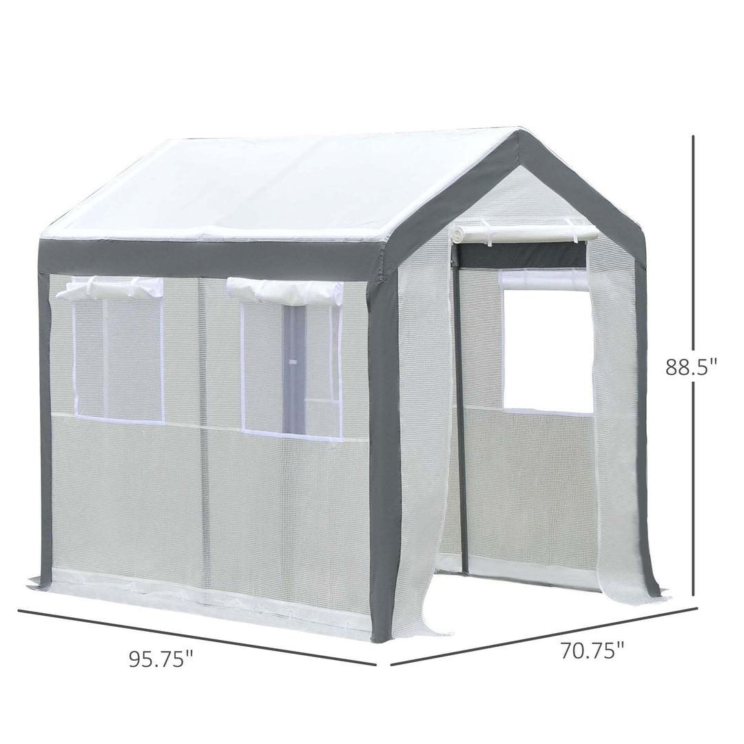 8' x 6' x 7.4' Walk-in Greenhouse w 2 Roll Up Doors Windows, Outdoor Garden Plants, White, Grey