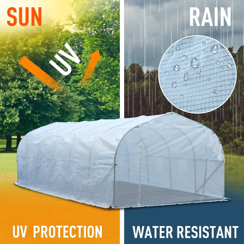 26’ x 10’ x 7’ Large Walk-In Dome Tunnel Garden Greenhouse w Door Windows, Galv Steel, White