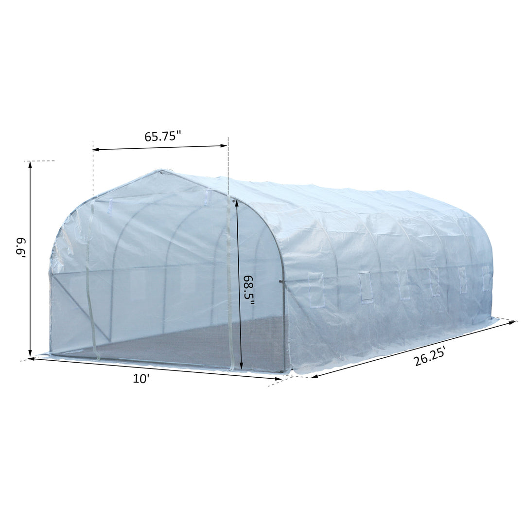26’ x 10’ x 7’ Large Walk-In Dome Tunnel Garden Greenhouse w Door Windows, Galv Steel, White