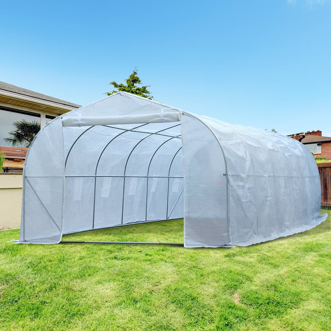26’ x 10’ x 7’ Large Walk-In Dome Tunnel Garden Greenhouse w Door Windows, Galv Steel, White
