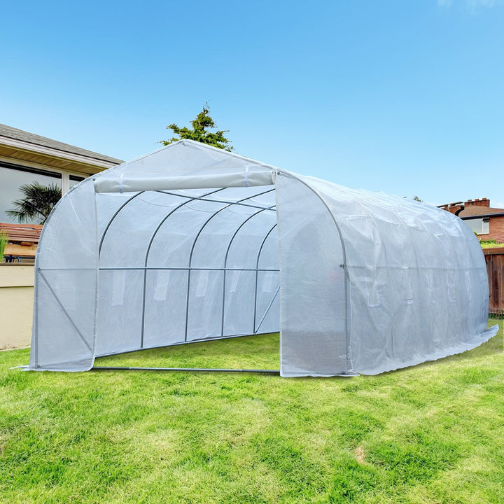 26’ x 10’ x 7’ Large Walk-In Dome Tunnel Garden Greenhouse w Door Windows, Galv Steel, White