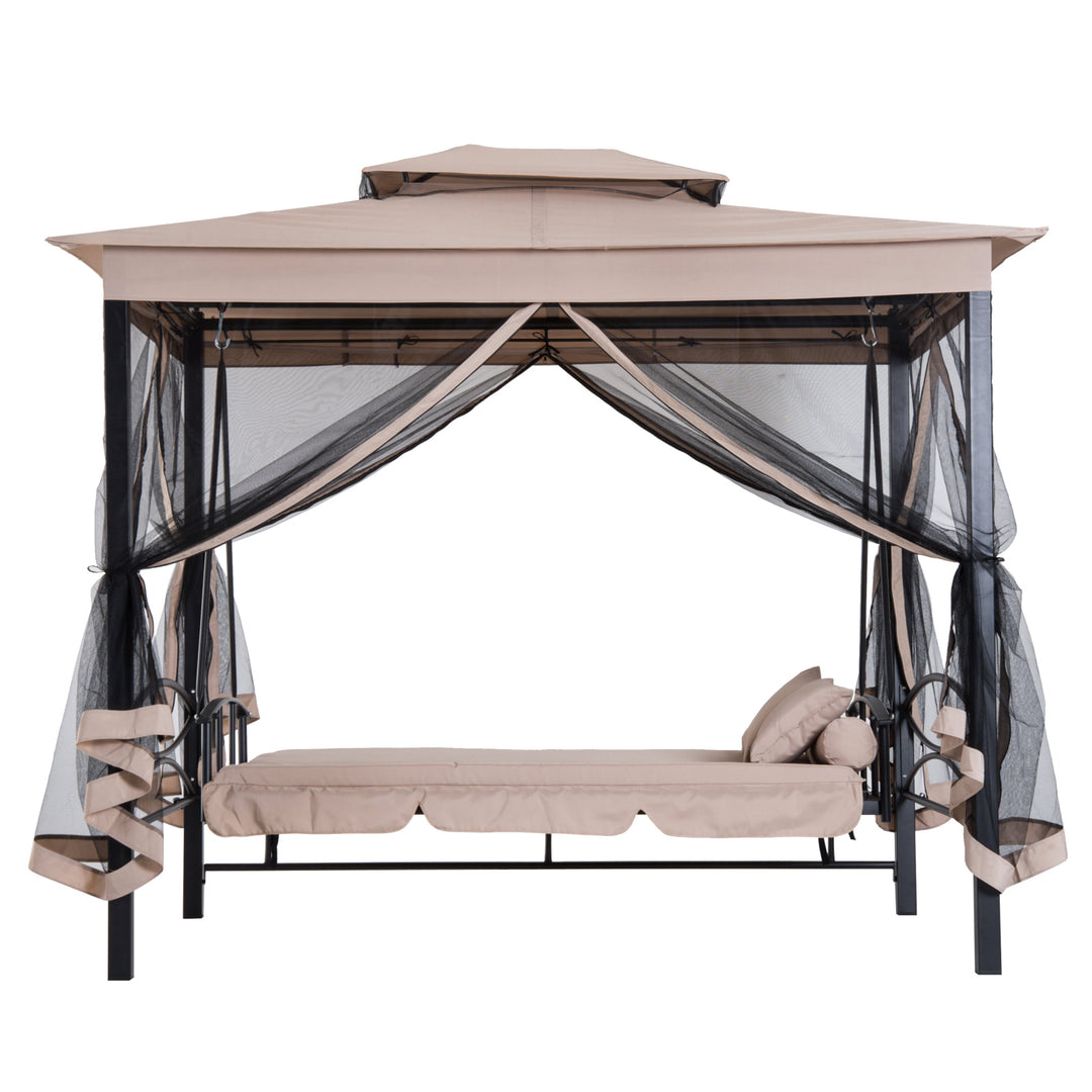 Outdoor 3-Seater Patio Garden Swing / Daybed / Gazebo w/ Screen and Cushions - Beige and Black
