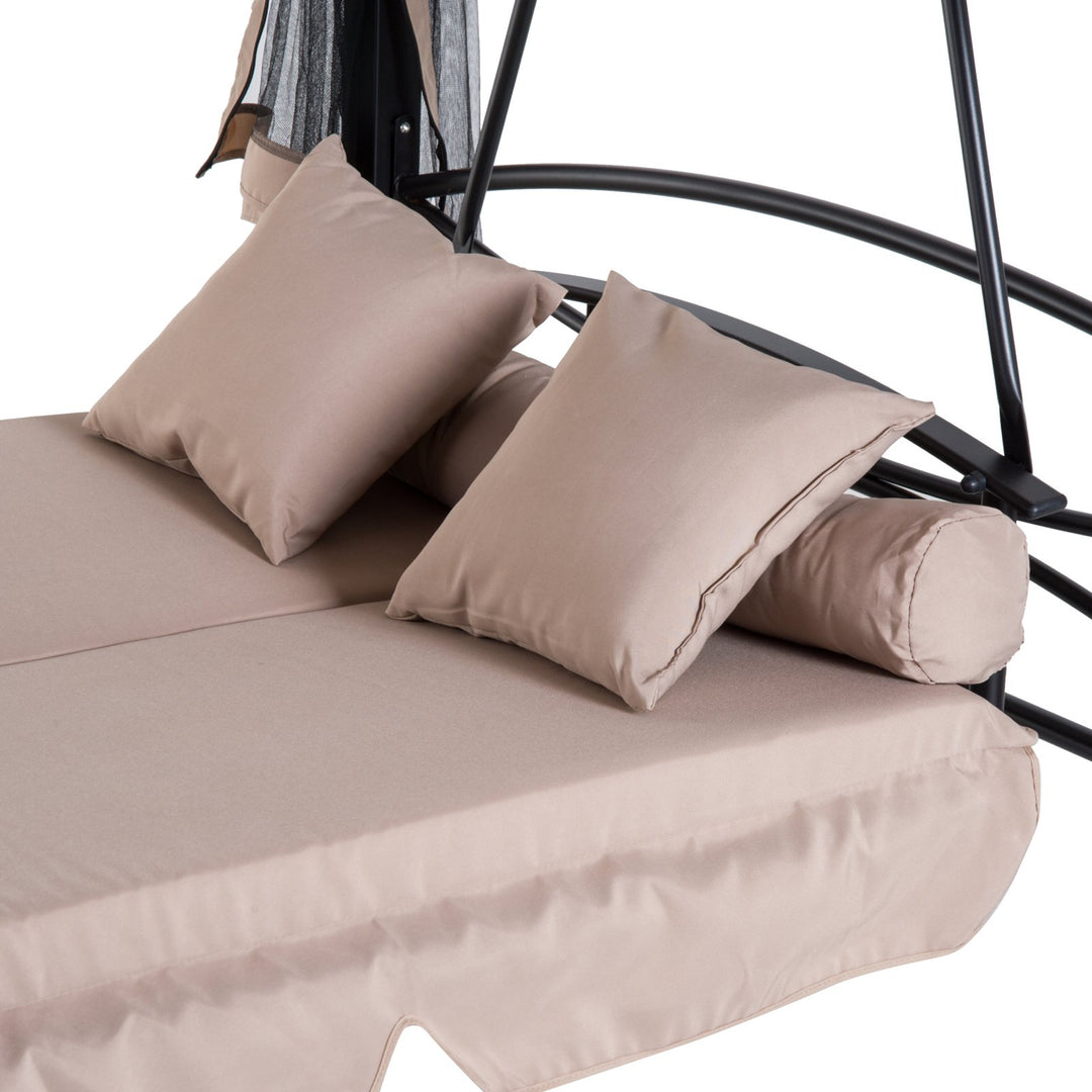 Outdoor 3-Seater Patio Garden Swing / Daybed / Gazebo w/ Screen and Cushions - Beige and Black