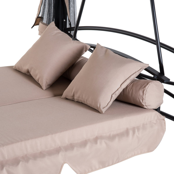 Outdoor 3-Seater Patio Garden Swing / Daybed / Gazebo w/ Screen and Cushions - Beige and Black