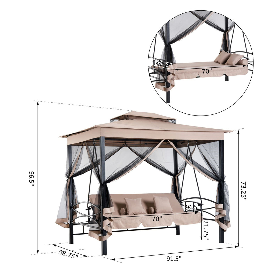 Outdoor 3-Seater Patio Garden Swing / Daybed / Gazebo w/ Screen and Cushions - Beige and Black