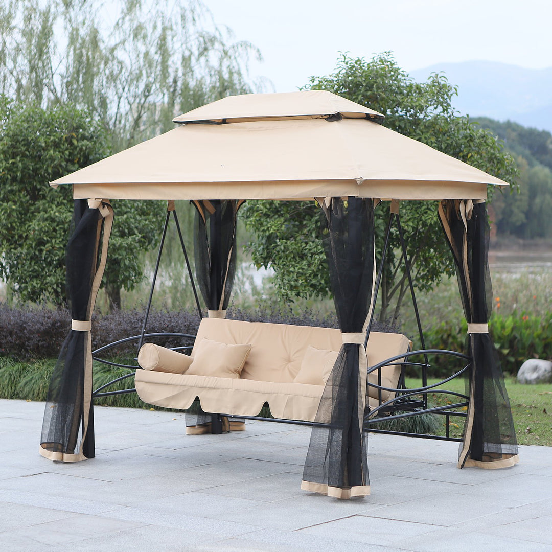 Outdoor 3-Seater Patio Garden Swing / Daybed / Gazebo w/ Screen and Cushions - Beige and Black
