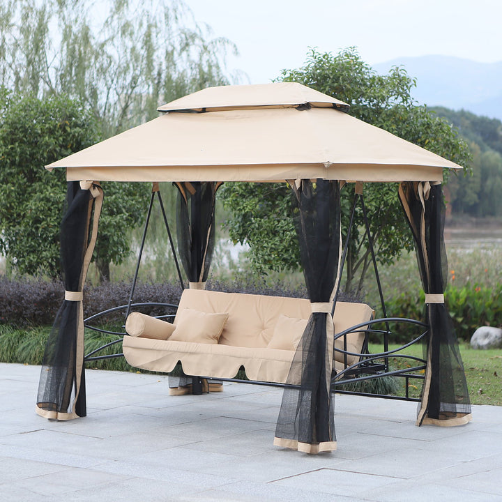 Outdoor 3-Seater Patio Garden Swing / Daybed / Gazebo w/ Screen and Cushions - Beige and Black