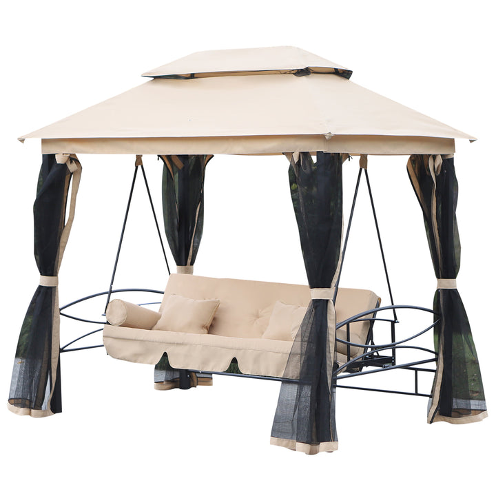 Outdoor 3-Seater Patio Garden Swing / Daybed / Gazebo w/ Screen and Cushions - Beige and Black