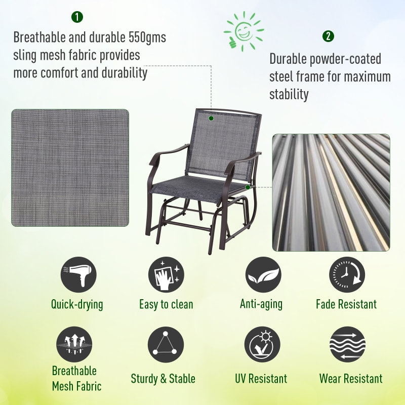 3pc Rocker Glider Bistro Seat Chairs w Table for Patio Backyard Garden Deck Porch, Brown & Grey