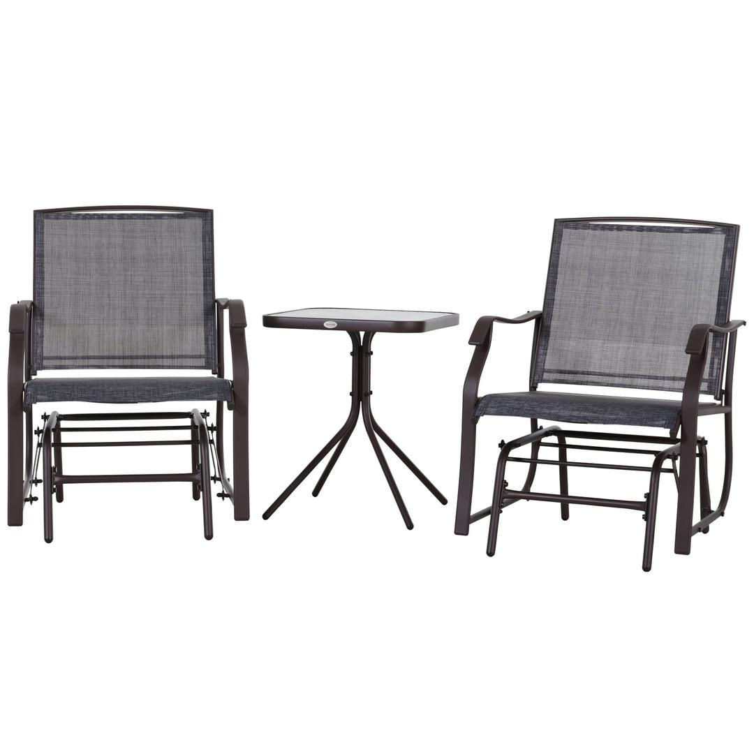 3pc Rocker Glider Bistro Seat Chairs w Table for Patio Backyard Garden Deck Porch, Brown & Grey