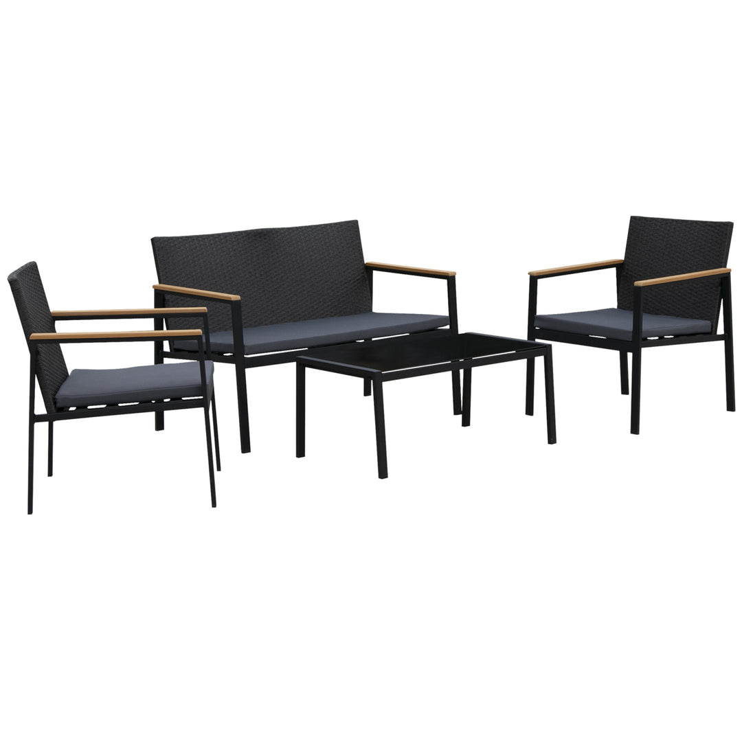 4pc PE Rattan Wicker Conversation Furniture Set w/ Low-Profile Cushions, Outdoor Patio - Black
