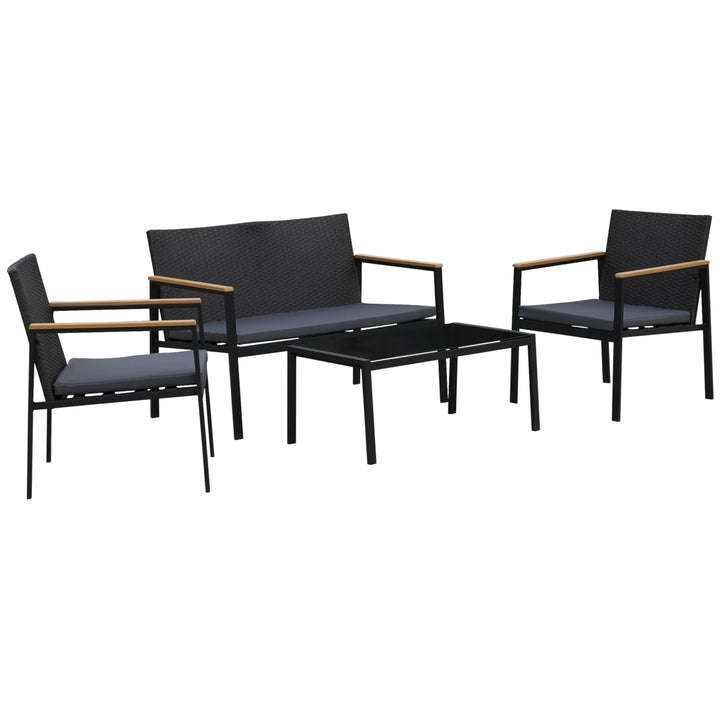 4pc PE Rattan Wicker Conversation Furniture Set w/ Low-Profile Cushions, Outdoor Patio - Black