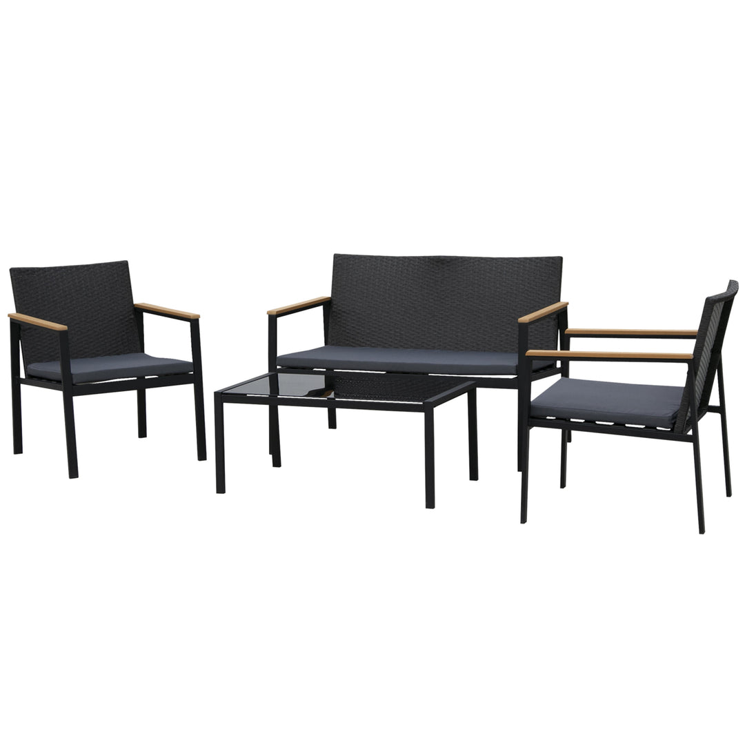 4pc PE Rattan Wicker Conversation Furniture Set w/ Low-Profile Cushions, Outdoor Patio - Black