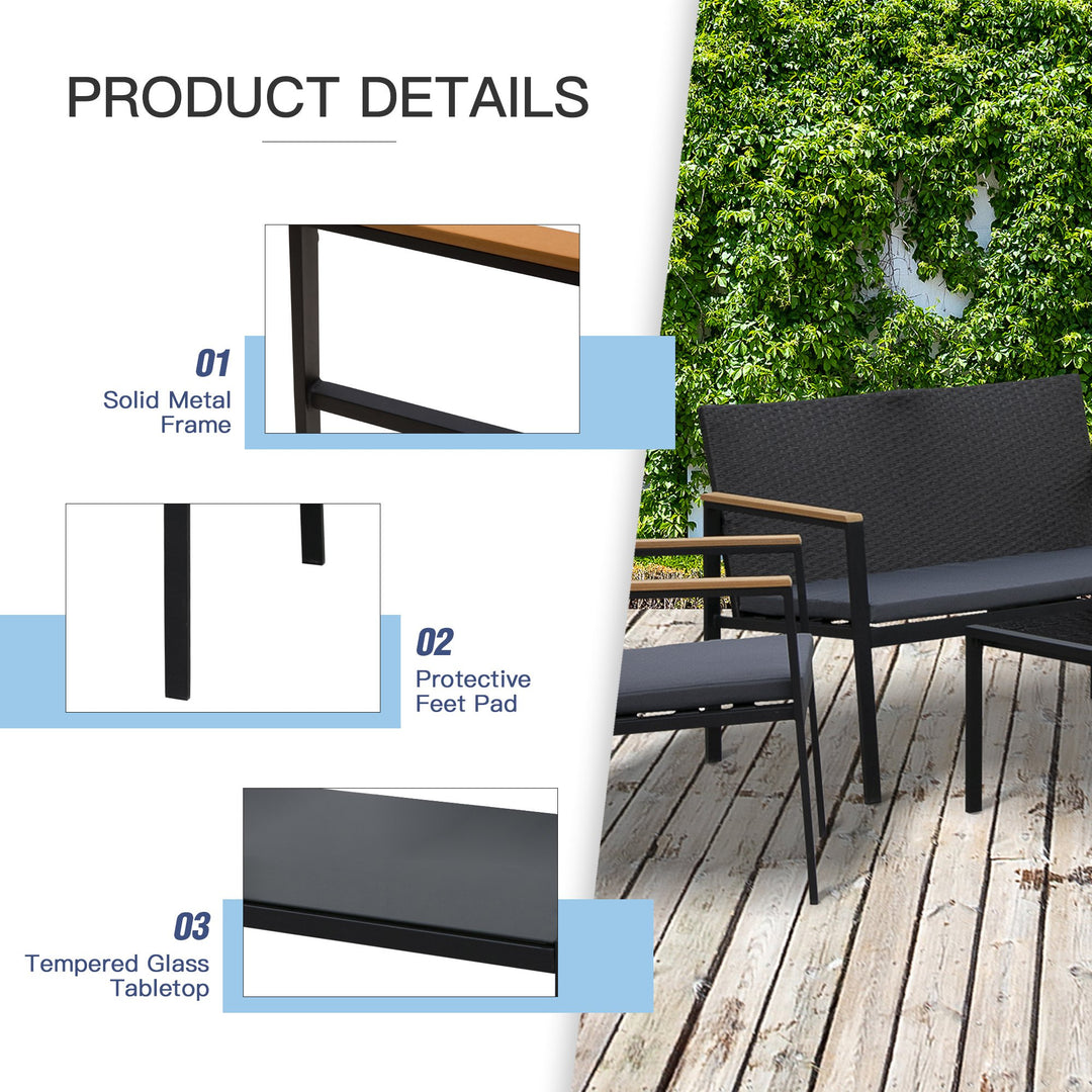 4pc PE Rattan Wicker Conversation Furniture Set w/ Low-Profile Cushions, Outdoor Patio - Black