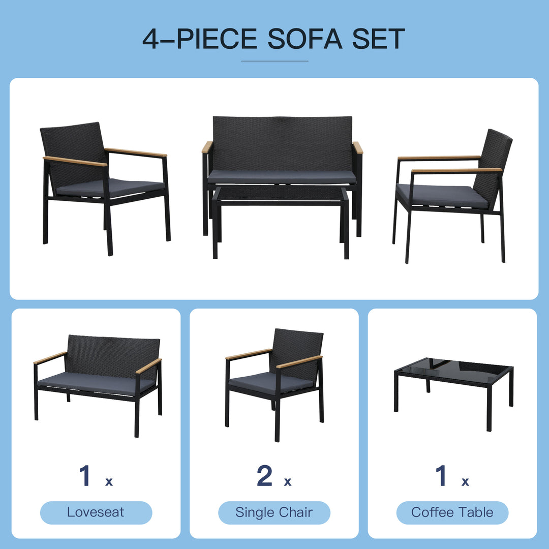 4pc PE Rattan Wicker Conversation Furniture Set w/ Low-Profile Cushions, Outdoor Patio - Black
