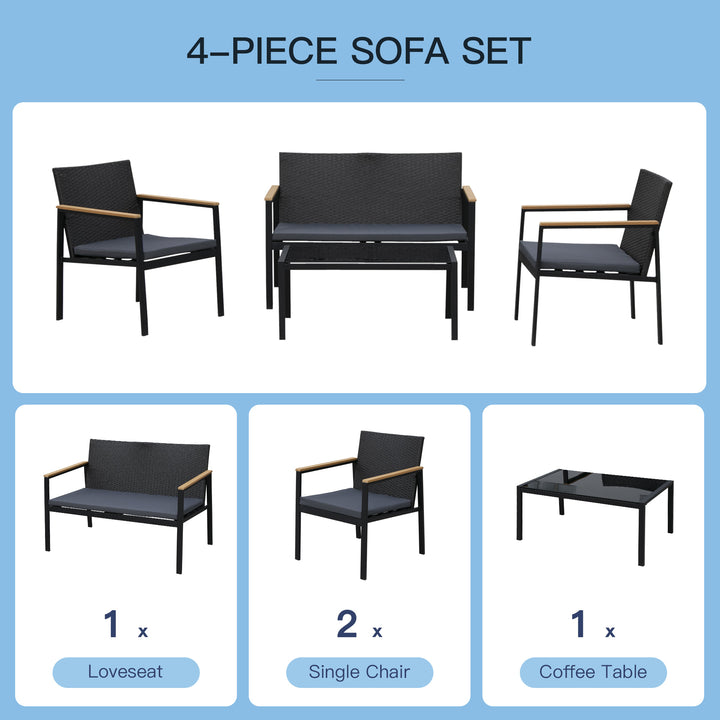 4pc PE Rattan Wicker Conversation Furniture Set w/ Low-Profile Cushions, Outdoor Patio - Black