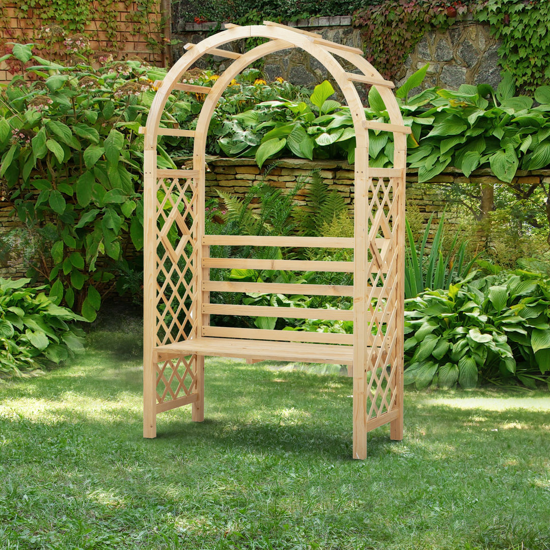 Wooden Garden Arbor Arch Trellis w Bench Seat for Outdoor Vines, Climbing Plants, Natural Fir