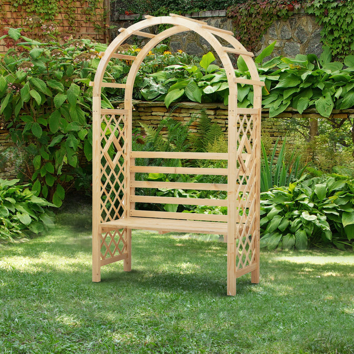 Wooden Garden Arbor Arch Trellis w Bench Seat for Outdoor Vines, Climbing Plants, Natural Fir