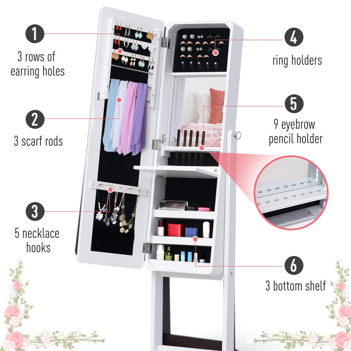Floor Mirror Jewelry Cabinet w/ LED Lights - White